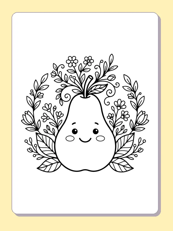 Black and white printable small smiling pear among tall leaves coloring sheet