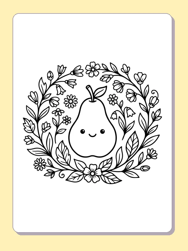 Black and white printable small smiling pear inside a leafy circle coloring sheet
