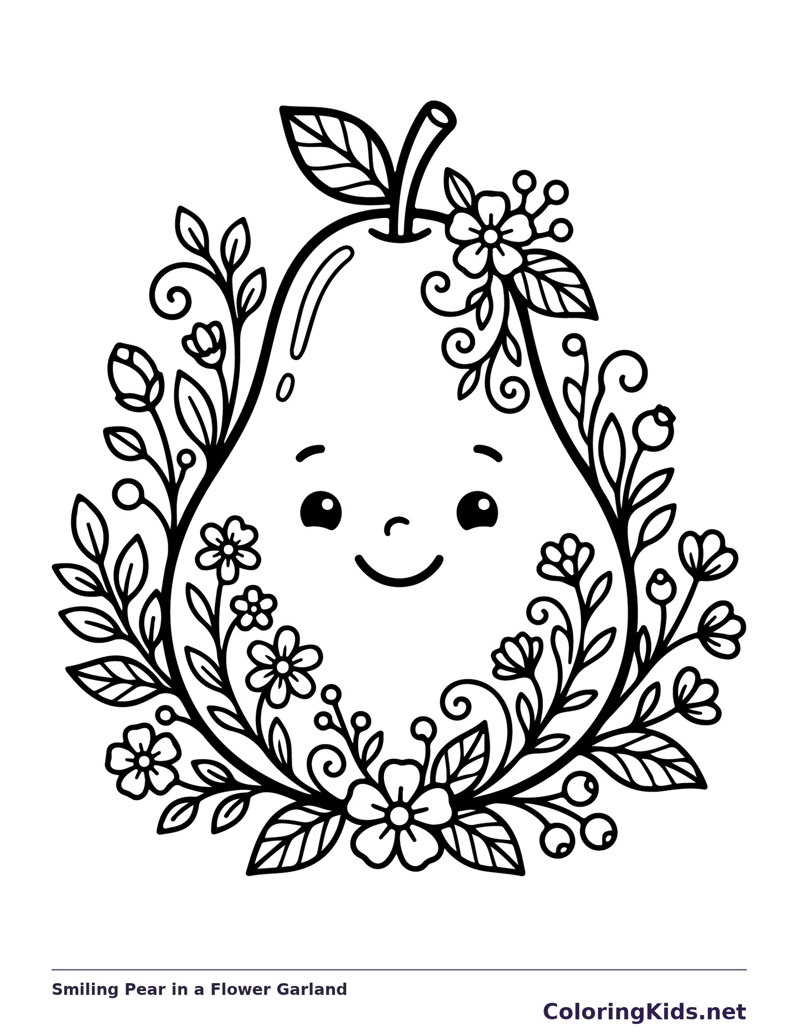 Black and white printable smiling pear in a flower garland coloring sheet