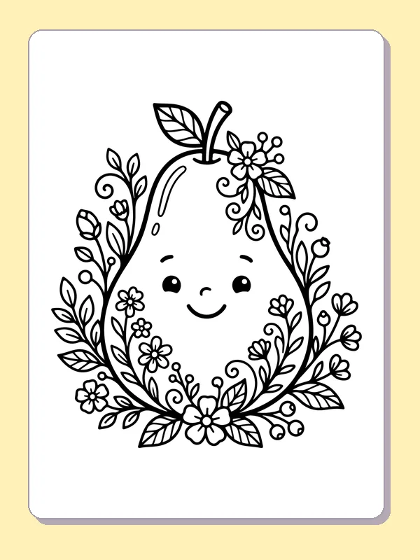 Black and white printable smiling pear in a flower garland coloring sheet
