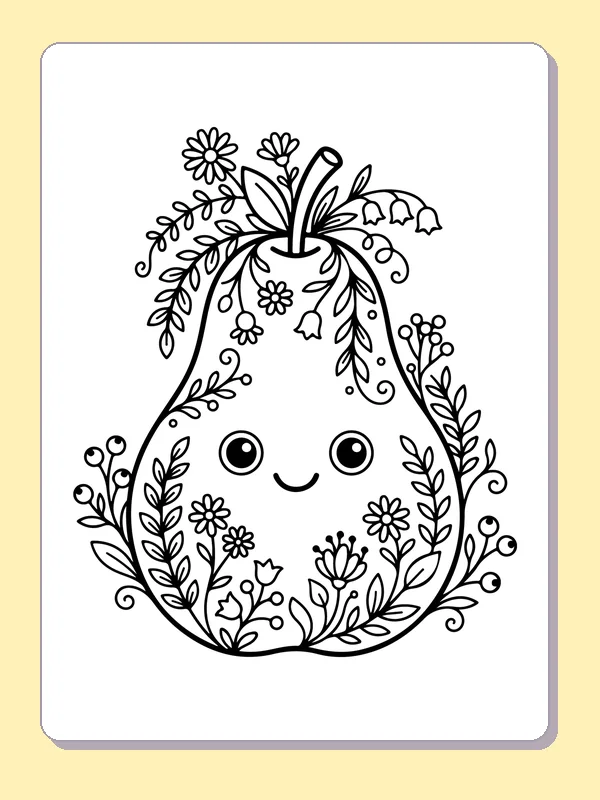 Black and white printable smiling pear with flowers down its sides coloring sheet