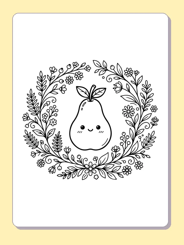 Black and white printable tiny pear inside a floral wreath coloring sheet