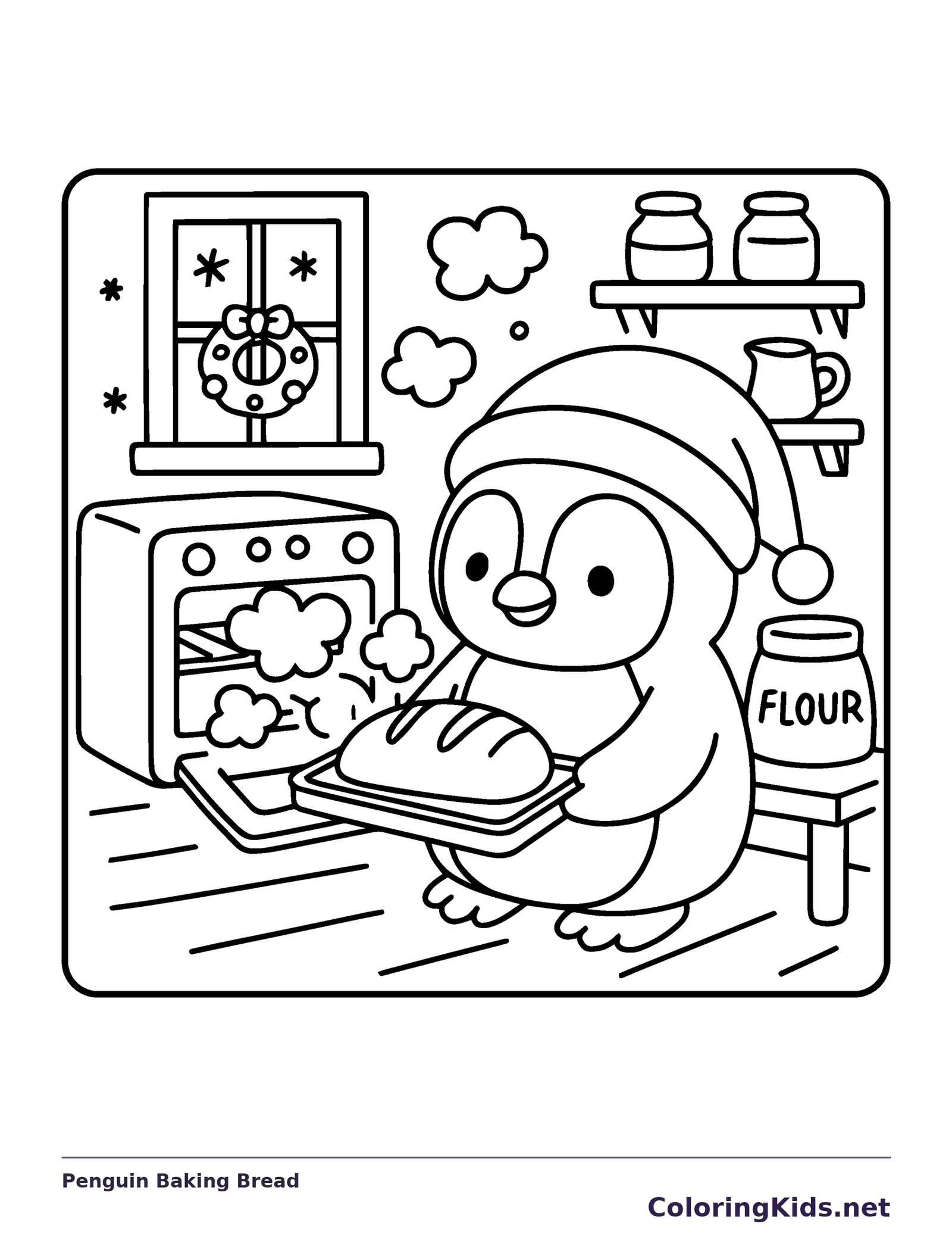 Black and white penguin baking bread coloring page with a penguin and winter details