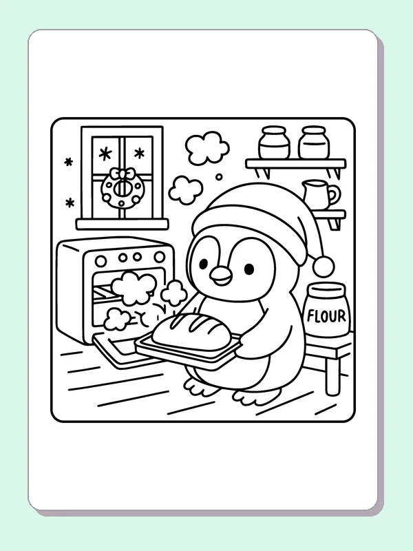 Black and white penguin baking bread coloring page with a penguin and winter details
