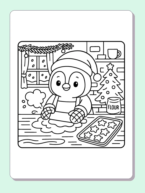 Black and white penguin baking star cookies coloring page with a penguin and winter details