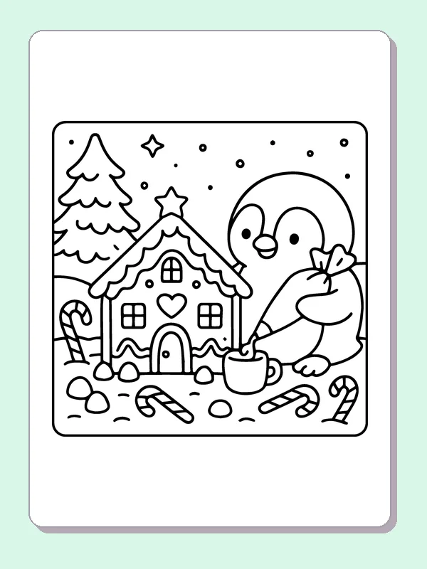 Black and white penguin decorating a gingerbread house coloring page with a penguin and winter details