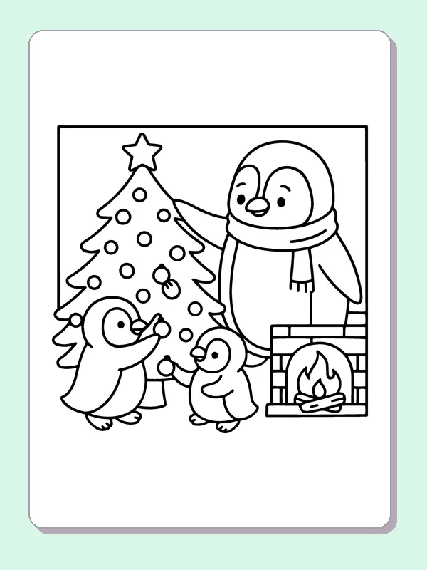 Black and white penguin decorating a tree with chicks coloring page with a penguin and winter details