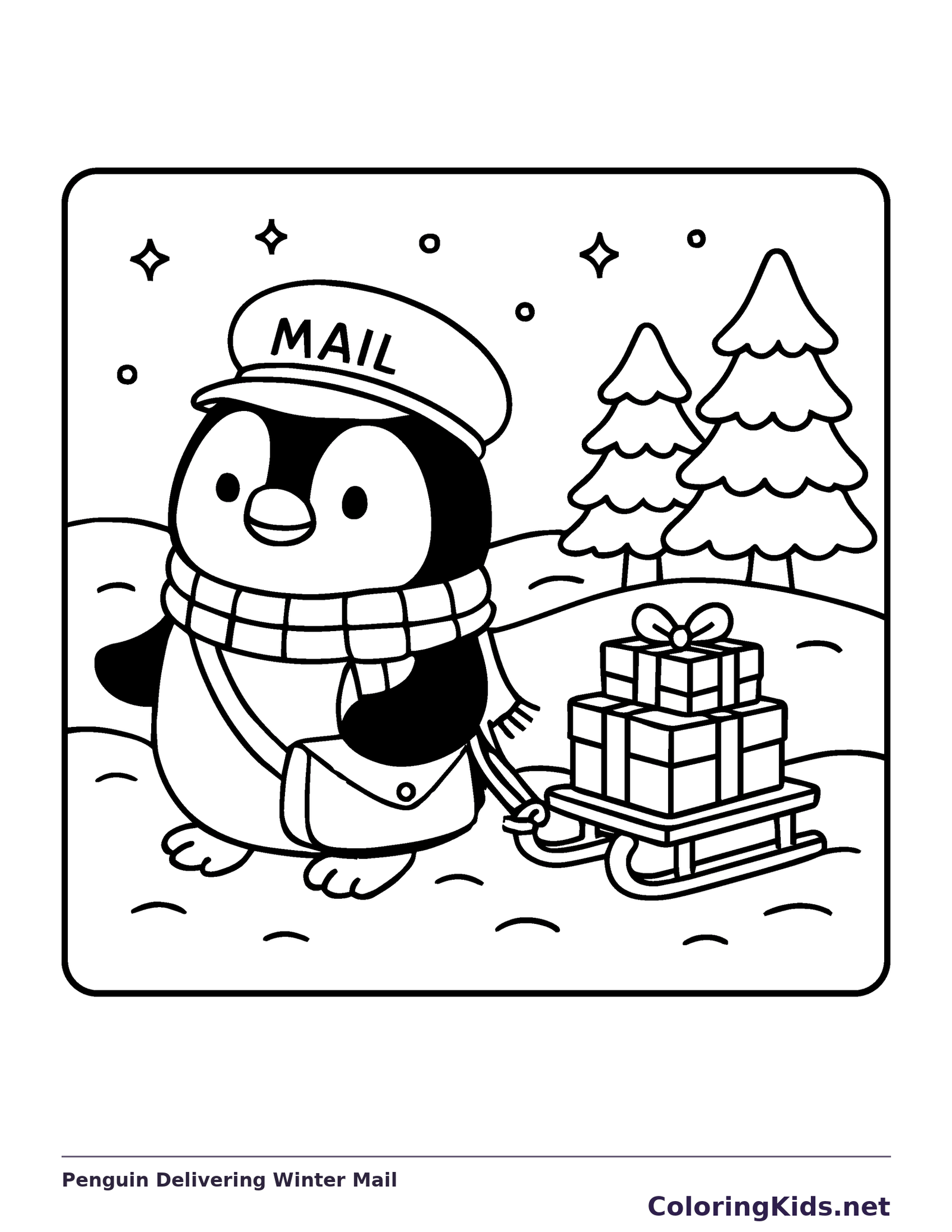 Black and white penguin delivering winter mail coloring page with a penguin and winter details