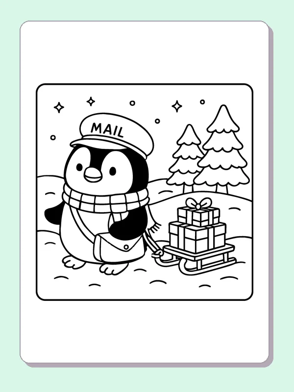Black and white penguin delivering winter mail coloring page with a penguin and winter details
