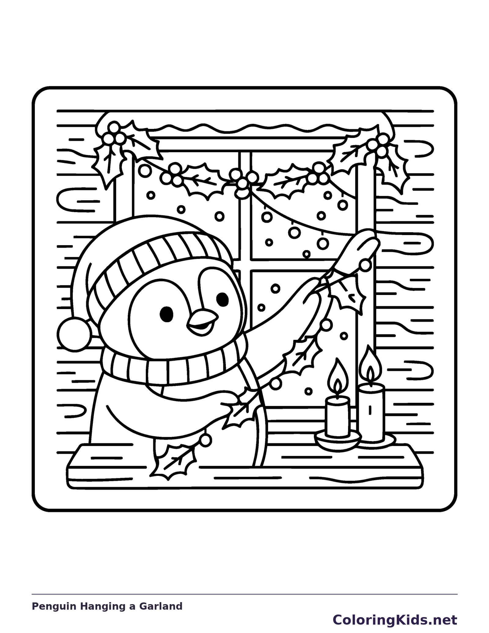 Black and white penguin hanging a garland coloring page with a penguin and winter details