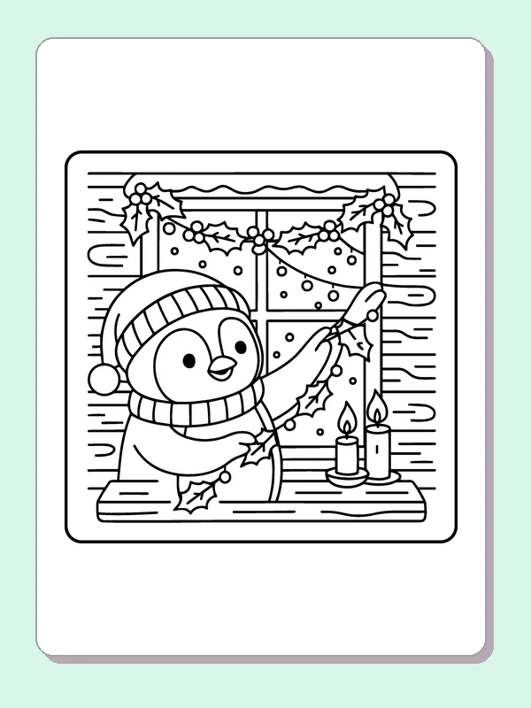 Black and white penguin hanging a garland coloring page with a penguin and winter details