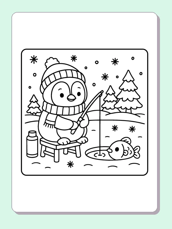 Black and white penguin ice fishing coloring page with a penguin and winter details