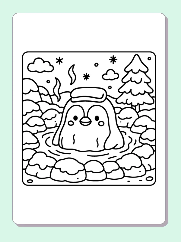 Black and white penguin in a snow costume coloring page with a penguin and winter details