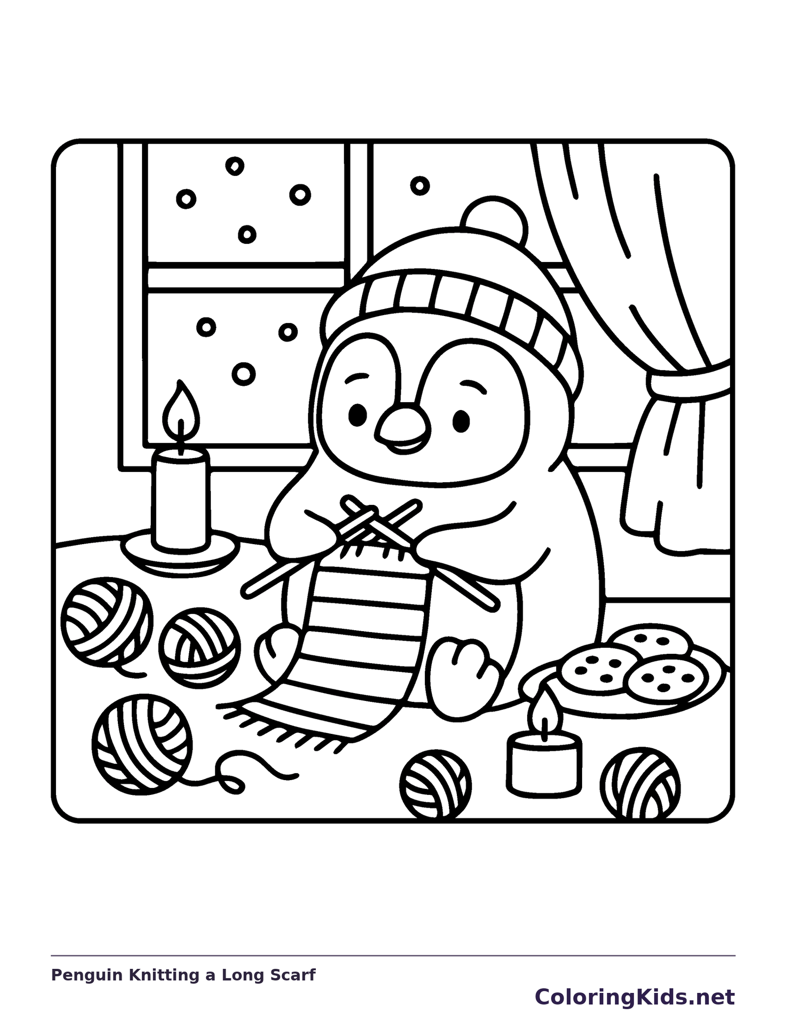 Black and white penguin knitting a long scarf coloring page with a penguin and winter details