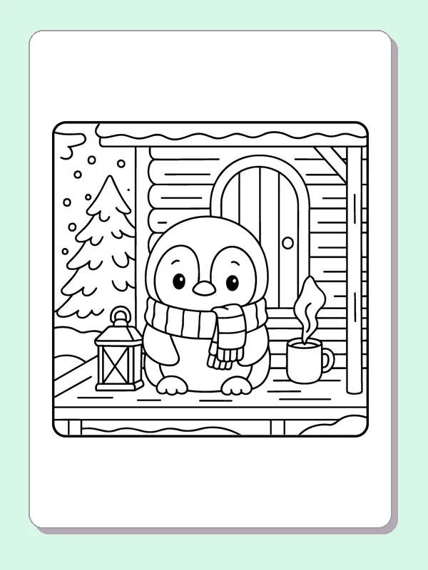 Black and white penguin on a snowy porch coloring page with a penguin and winter details