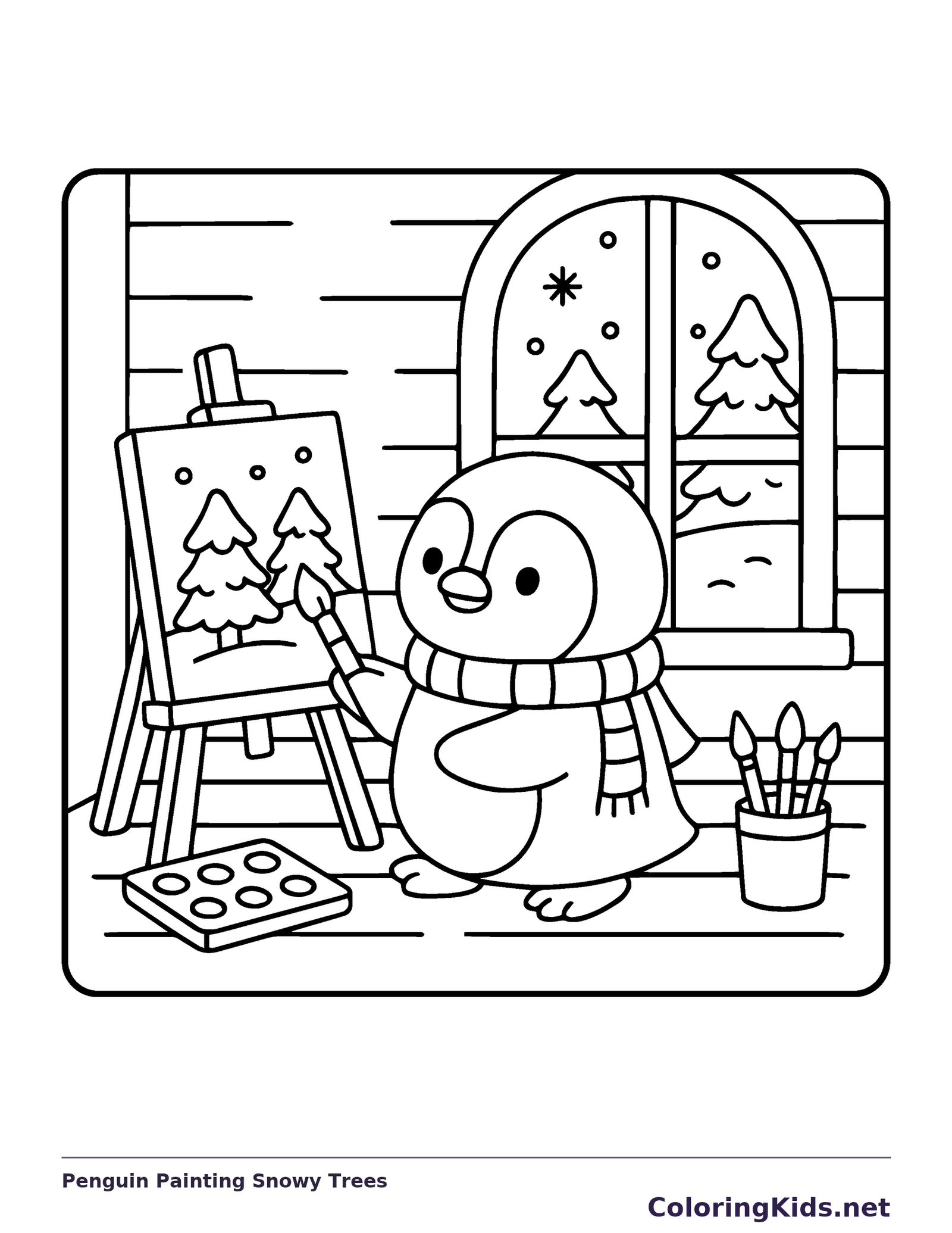 Black and white penguin painting snowy trees coloring page with a penguin and winter details