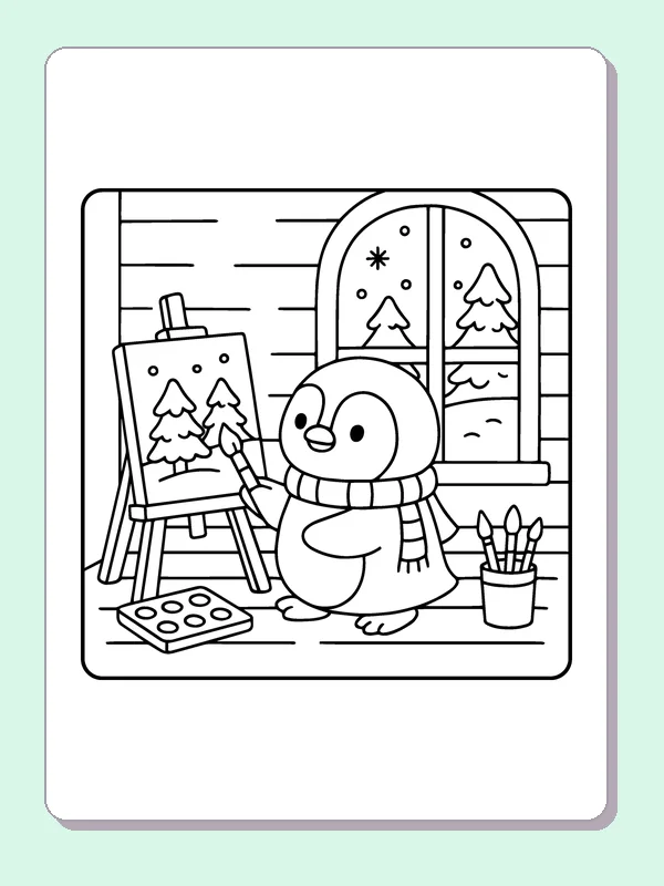 Black and white penguin painting snowy trees coloring page with a penguin and winter details