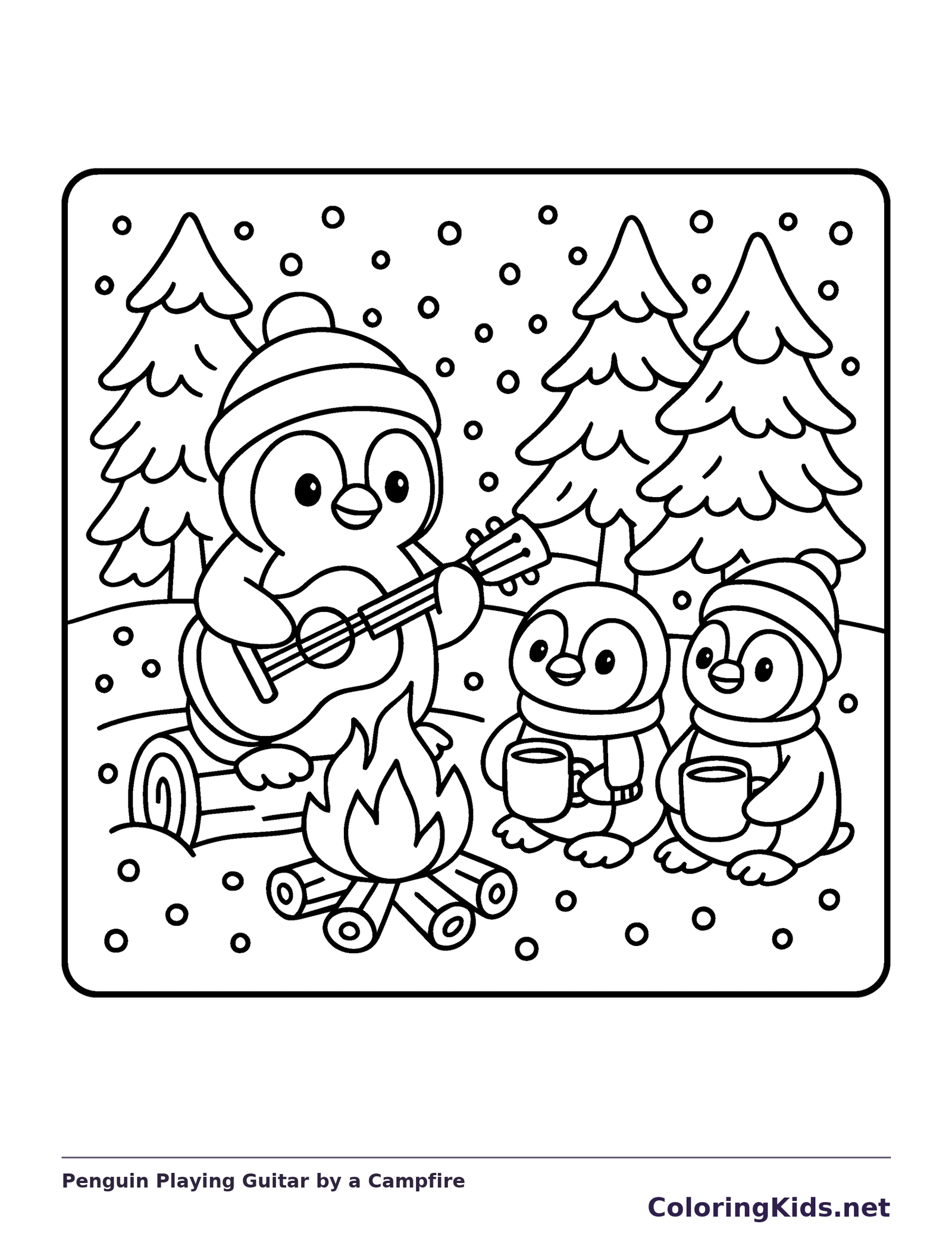 Black and white penguin playing guitar by a campfire coloring page with a penguin and winter details
