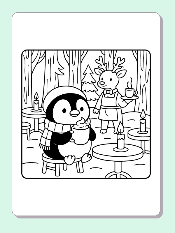Black and white penguin sharing cocoa with a reindeer coloring page with a penguin and winter details