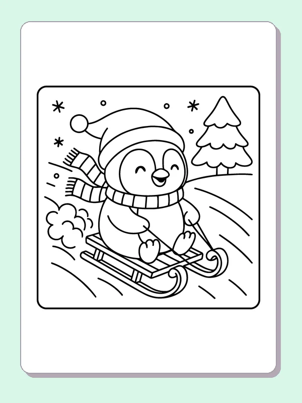 Black and white penguin sledding downhill coloring page with a penguin and winter details