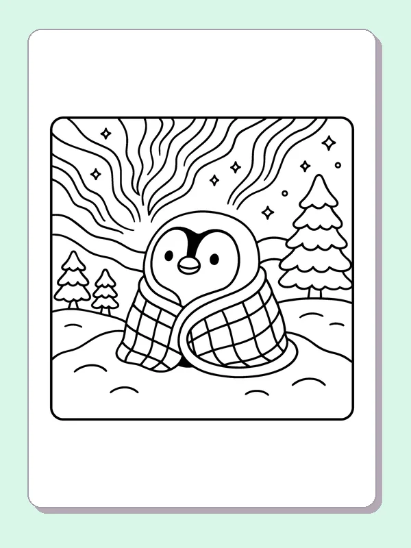 Black and white penguin watching northern lights coloring page with a penguin and winter details