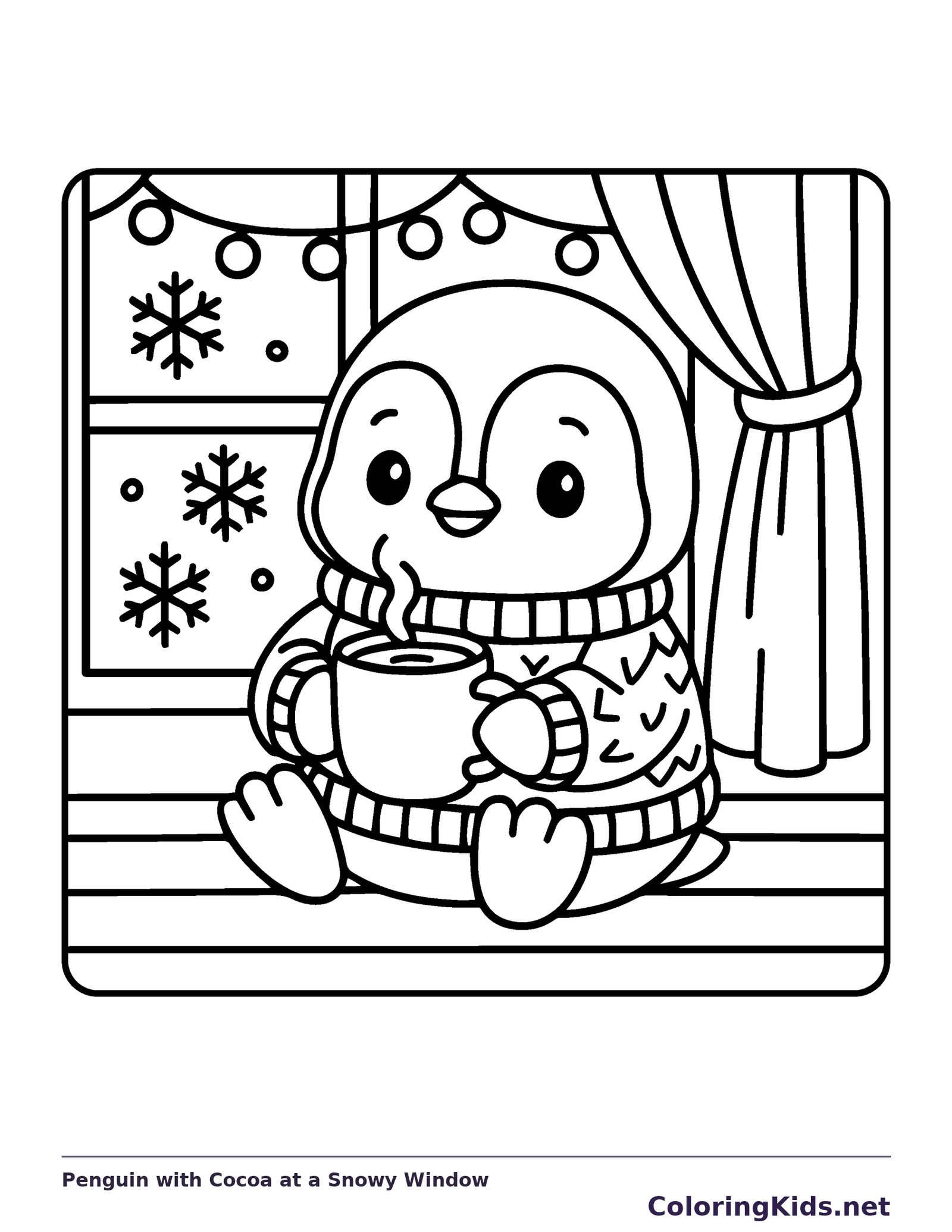 Black and white penguin with cocoa at a snowy window coloring page with a penguin and winter details
