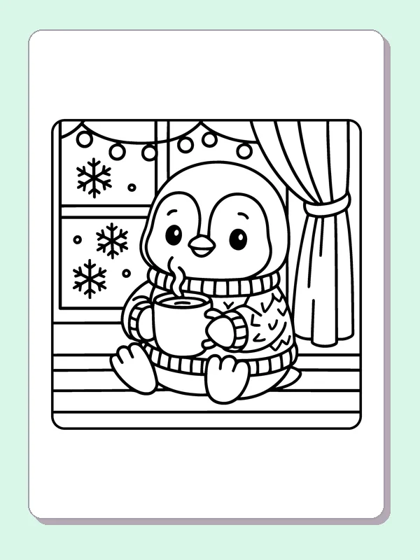 Black and white penguin with cocoa at a snowy window coloring page with a penguin and winter details