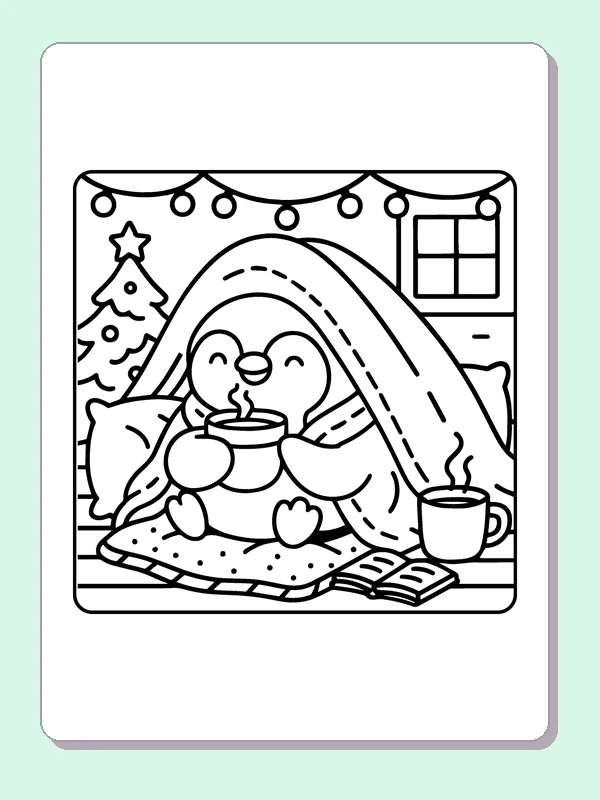 Black and white penguin with cocoa under a blanket coloring page with a penguin and winter details