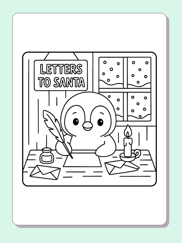 Black and white penguin writing a letter to santa coloring page with a penguin and winter details