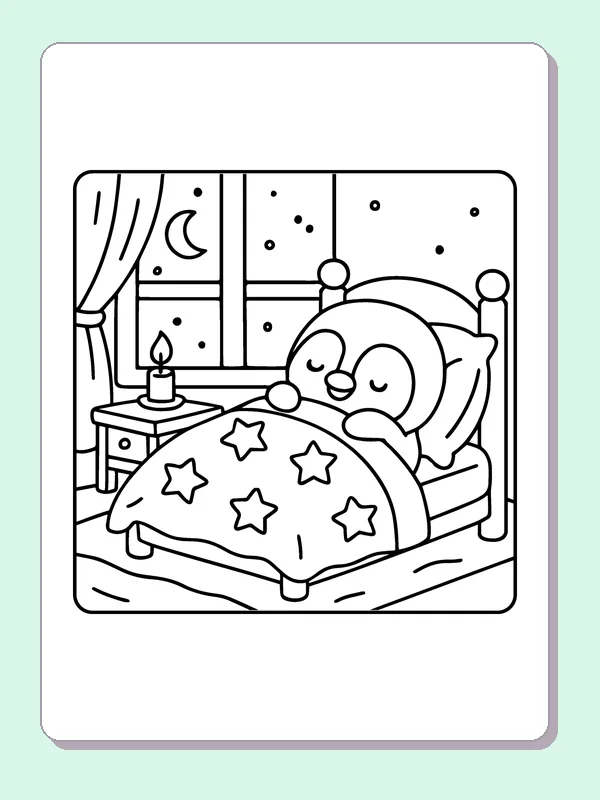 Black and white sleepy penguin in a star blanket coloring page with a penguin and winter details