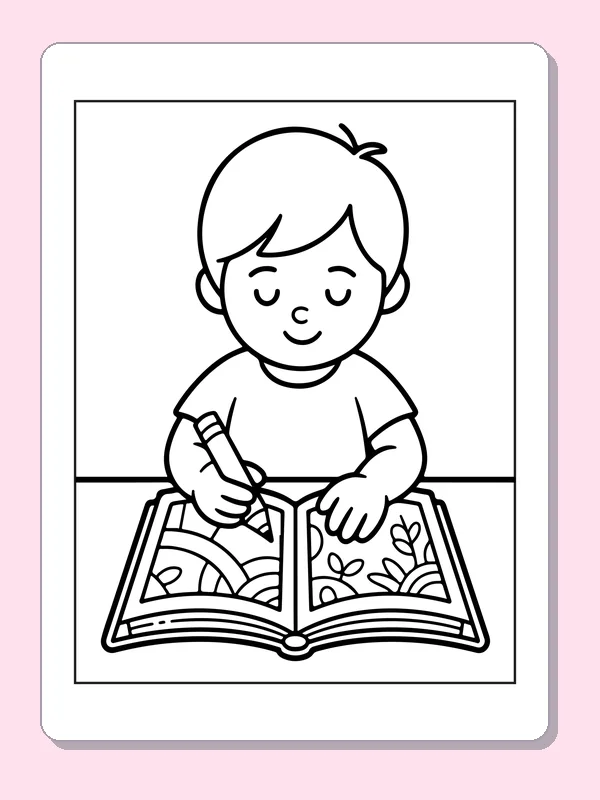 Black and white printable drawing of child Drawing in an Open Book
