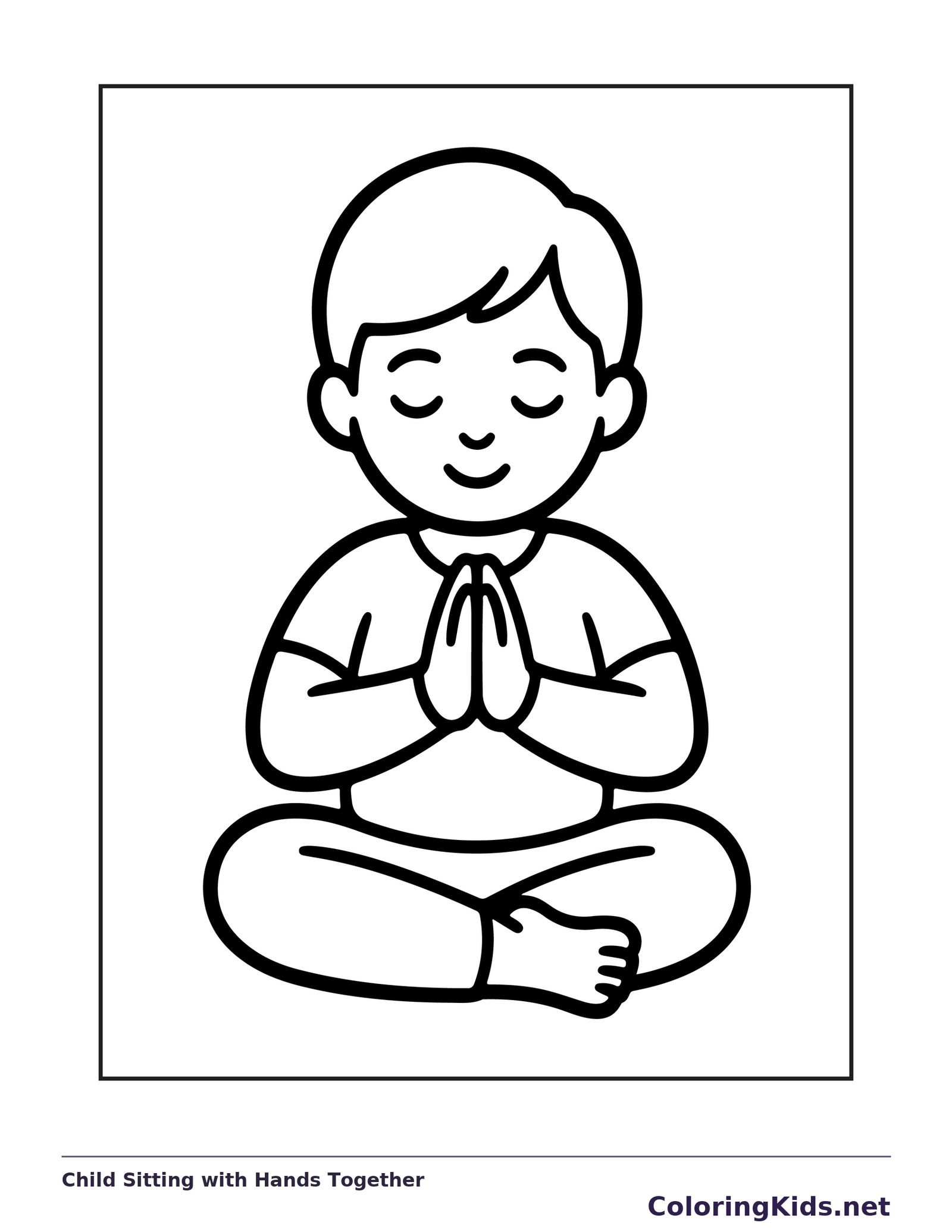 Black and white printable drawing of child Sitting with Hands Together