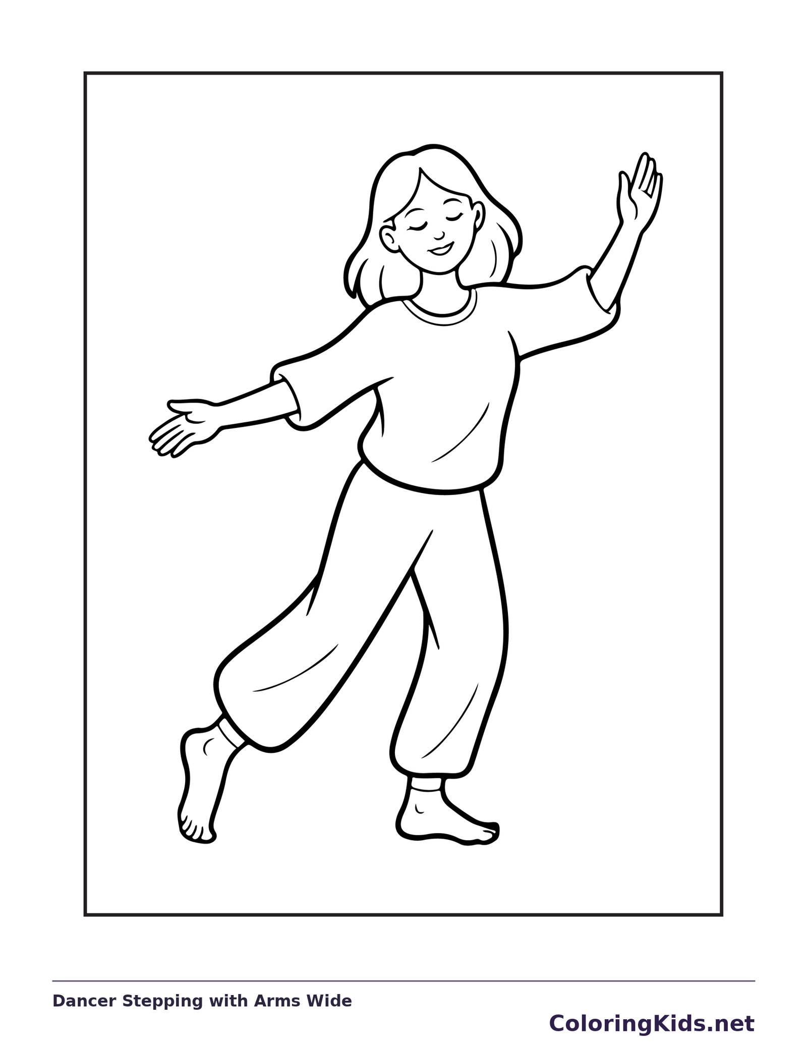 Black and white printable drawing of dancer Stepping with Arms Wide