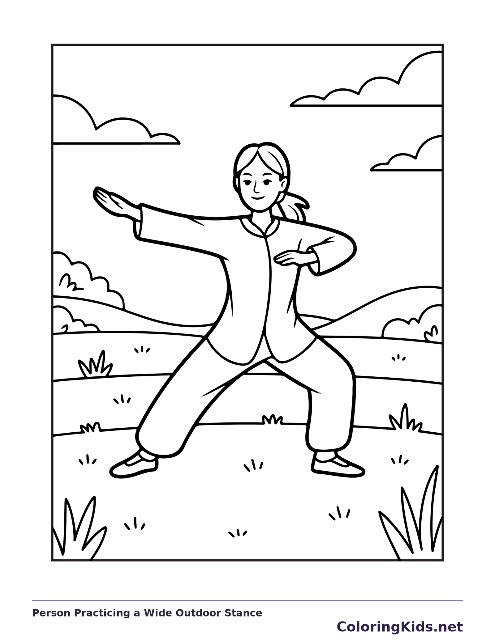 Black and white printable drawing of person Practicing a Wide Outdoor Stance