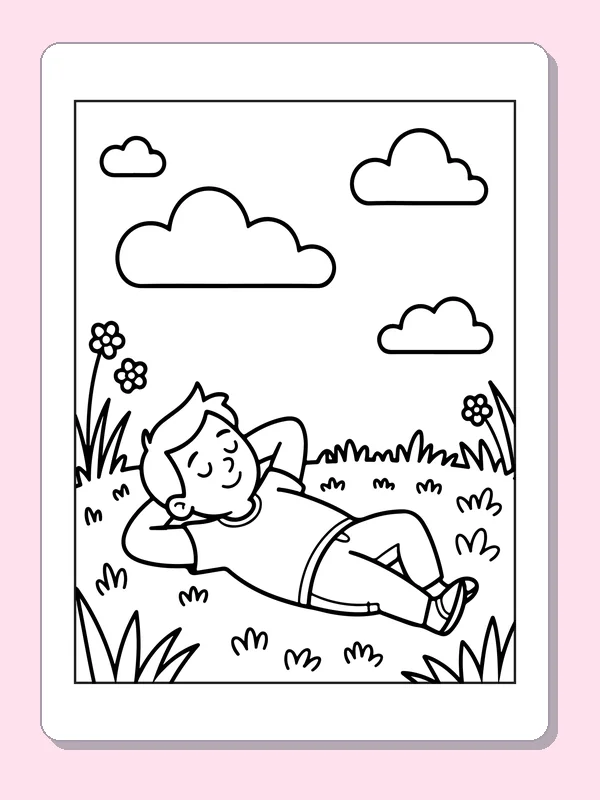 Black and white printable drawing of person Resting in a Grassy Field