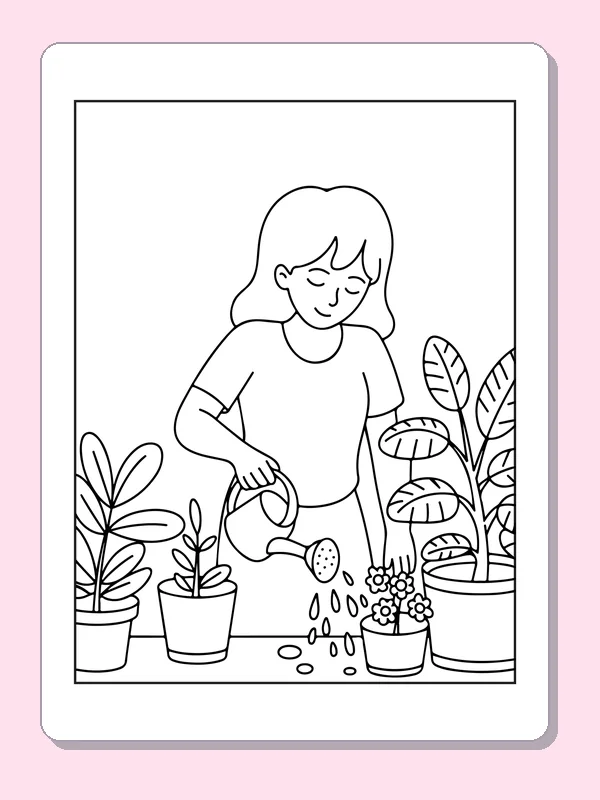 Black and white printable drawing of person Watering Houseplants