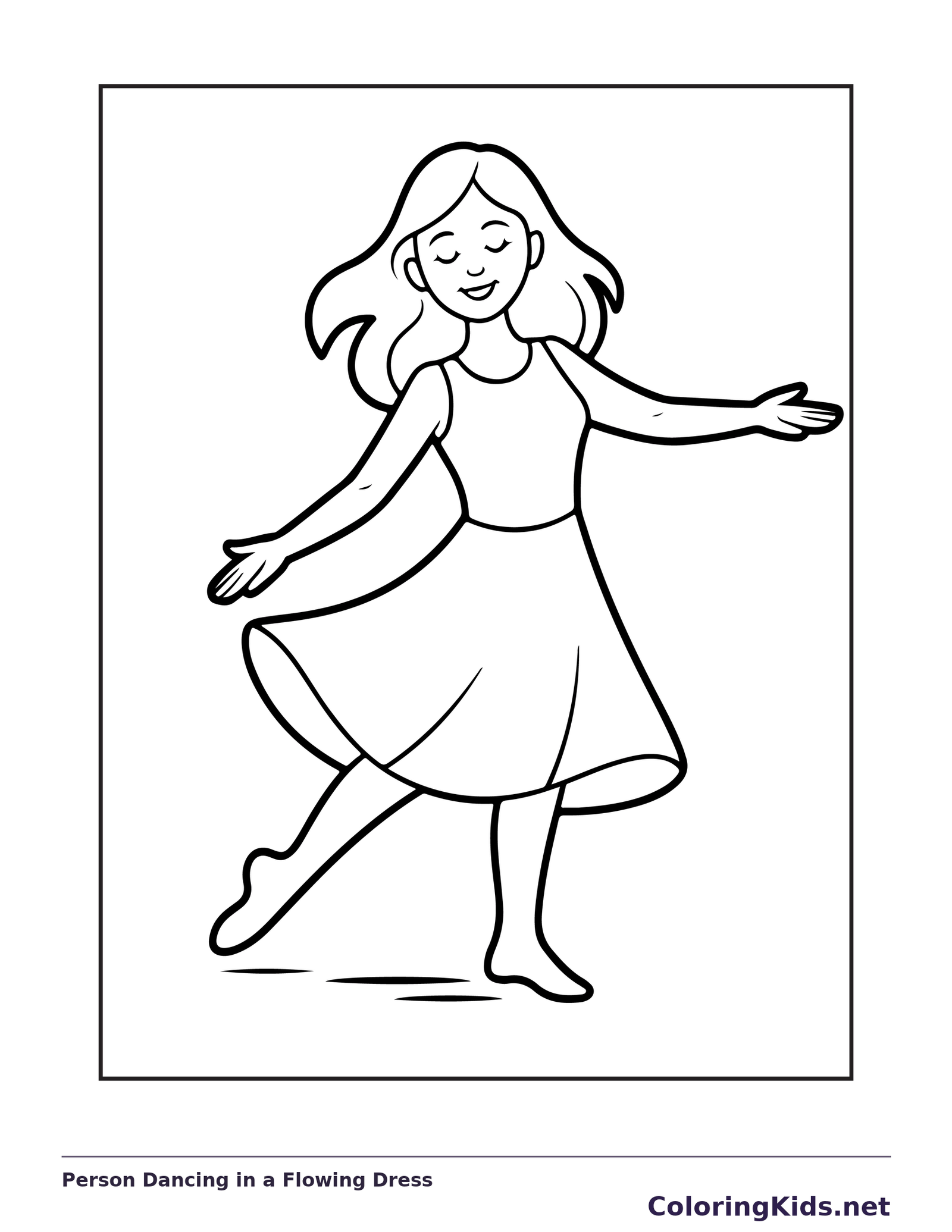 Black and white printable drawing of person Dancing in a Flowing Dress
