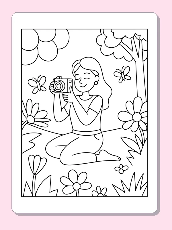 Black and white printable drawing of person Photographing Garden Flowers