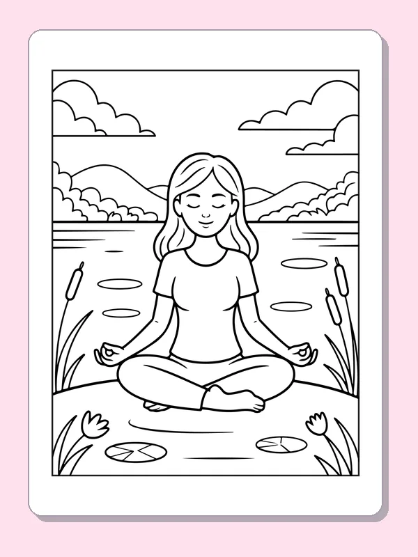 Black and white printable drawing of person Sitting beside a Pond