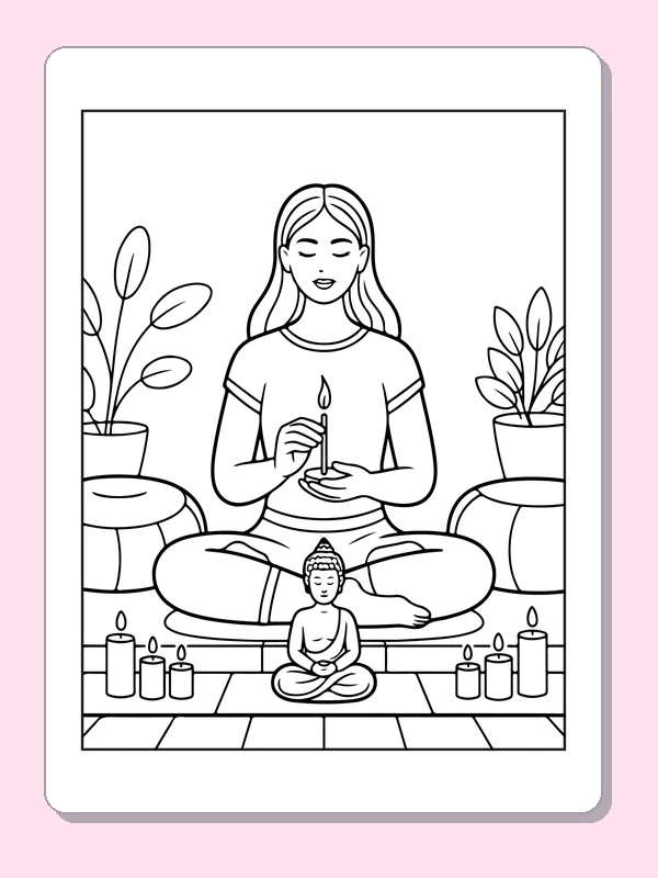 Black and white printable drawing of person Sitting beside Small Candles