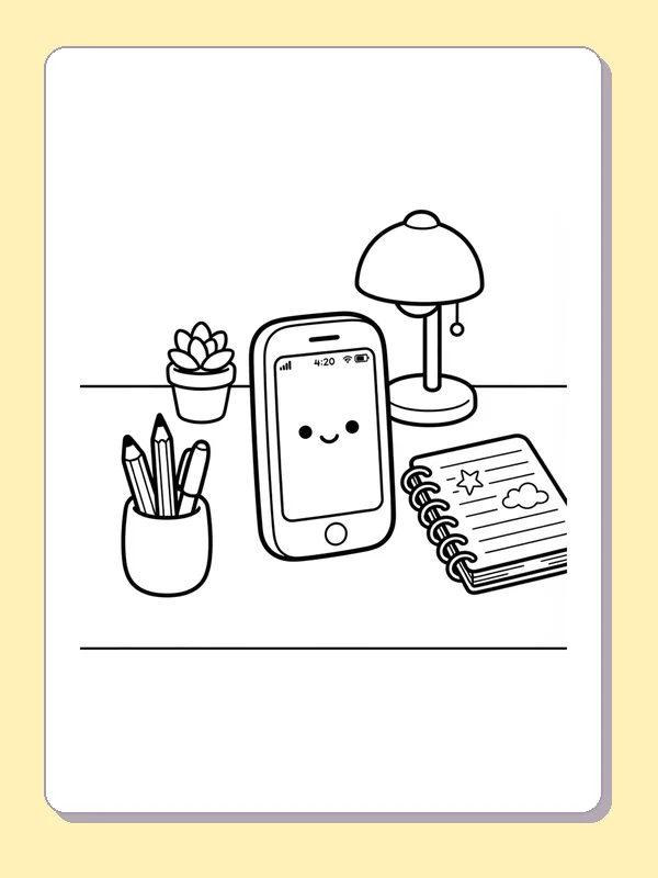 Black and white coloring page of a smiling phone beside pencils, a lamp, a succulent and a notebook