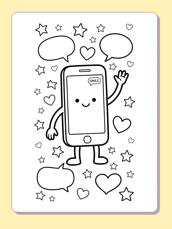 Black and white coloring page of a cheerful phone character waving amid hearts, stars and speech bubbles