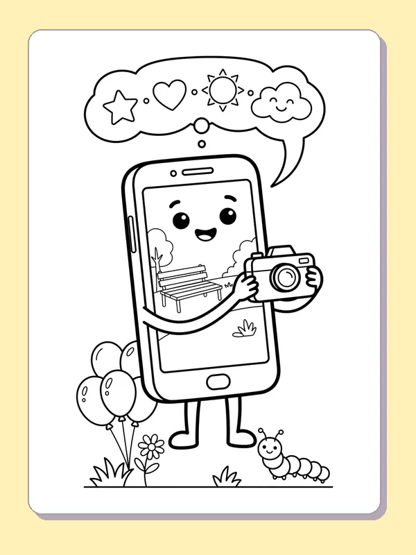 Smiling phone with camera among balloons and garden flowers