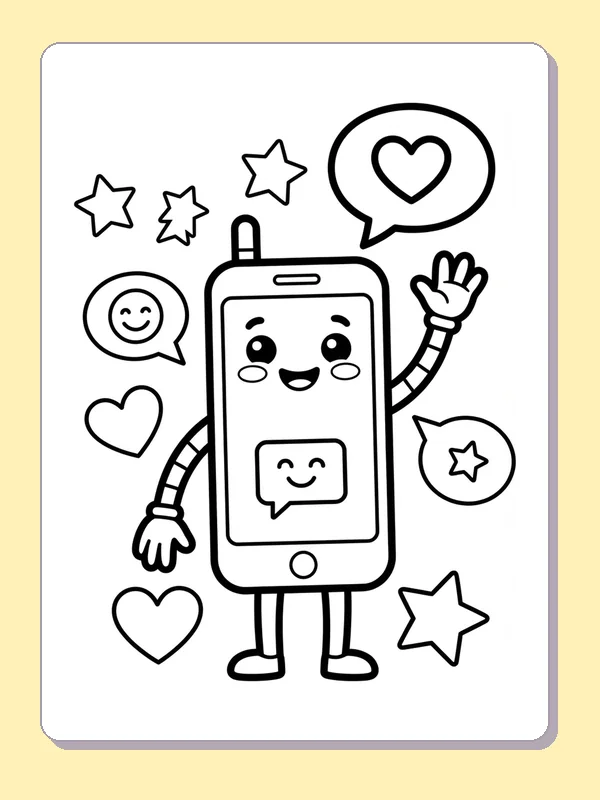 Waving phone character surrounded by heart and star speech bubbles