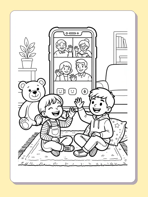 Two children beside a teddy bear waving to relatives on a phone