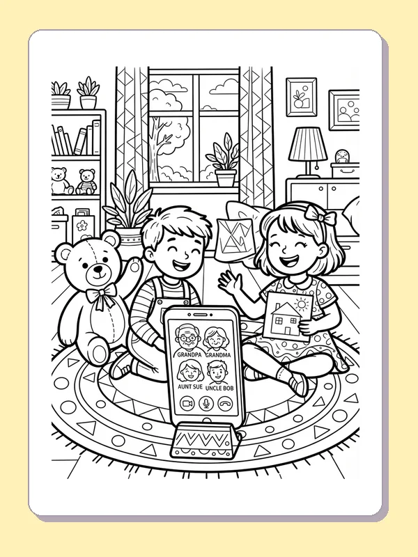 Children and teddy bear with a family video call by a window