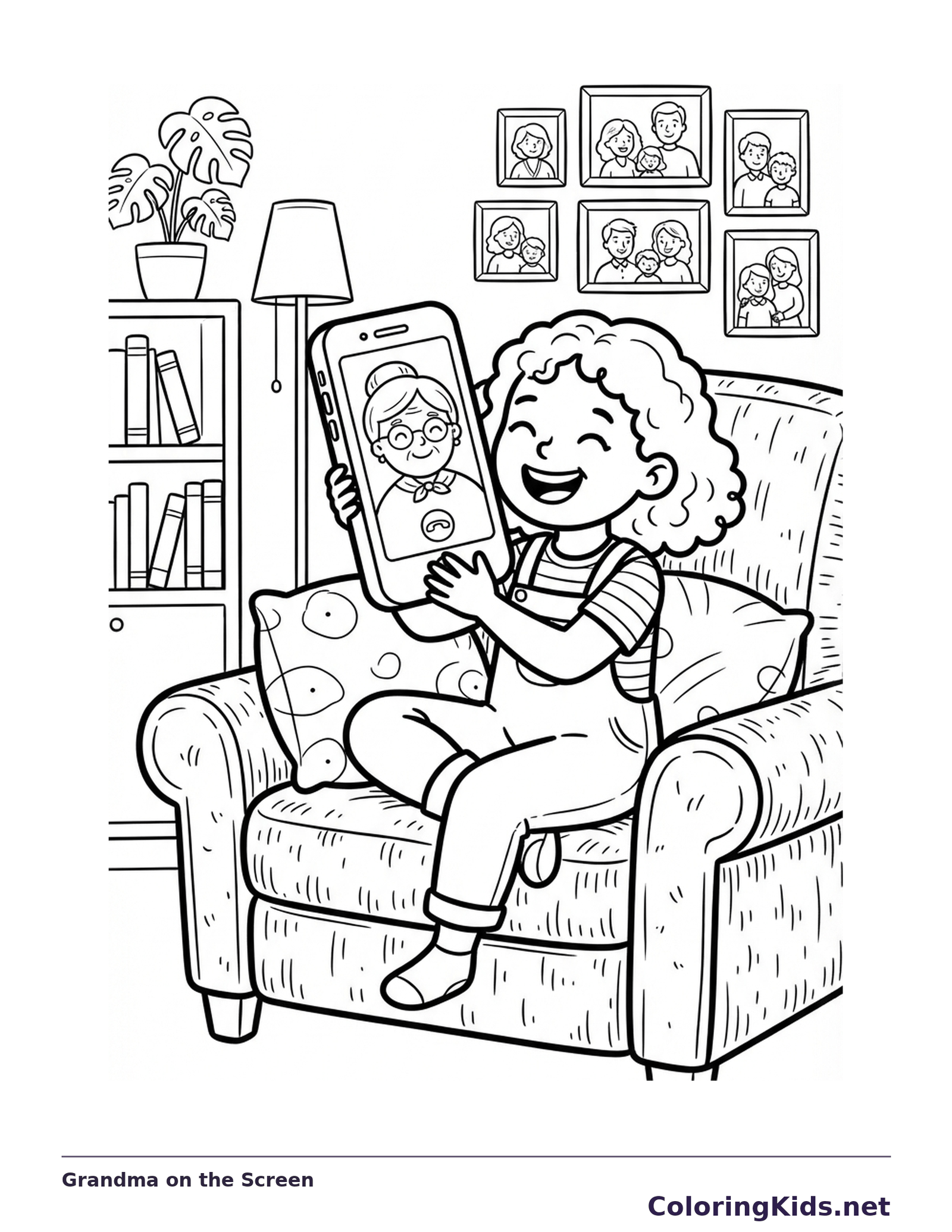 Black and white coloring page of a girl curled in an armchair smiling at her grandmother during a call