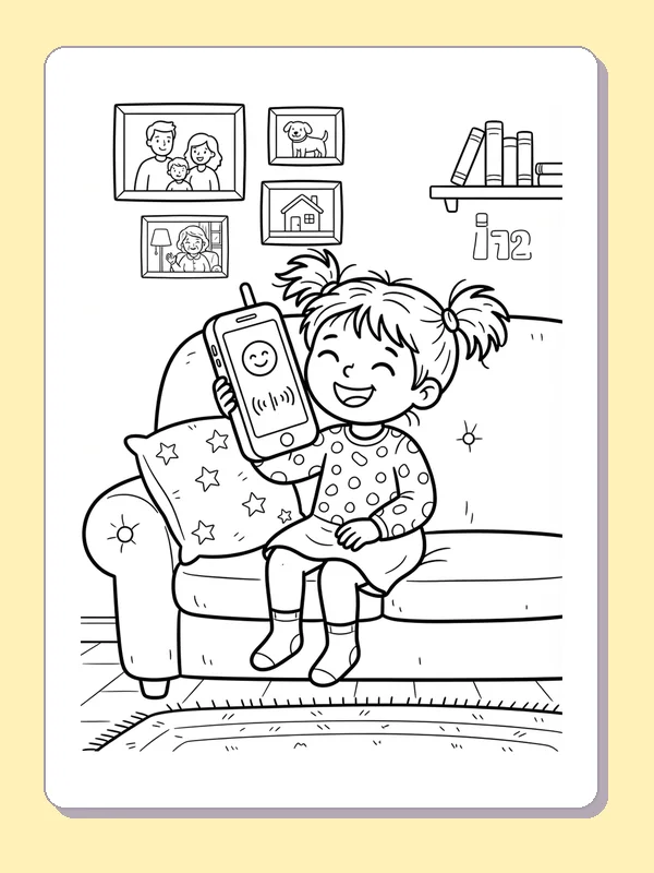Child on sofa talking to grandmother through a handheld phone