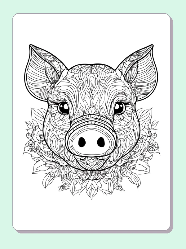 Ornate Pig Portrait pig coloring page, black and white line art to print or color online