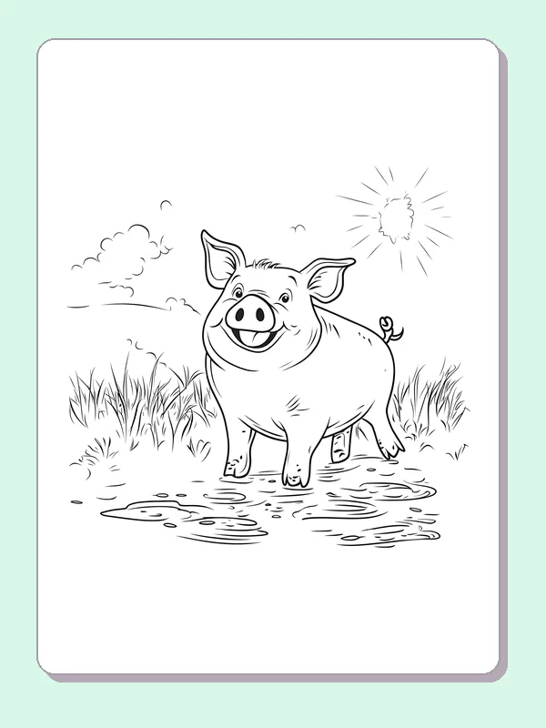 Pig By A Rippled Puddle pig coloring page, black and white line art to print or color online